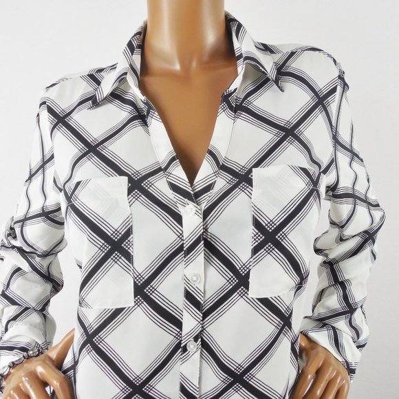 EXPRESS Top L Button Down Blouse White/Black Shirt Checks Roll Tab Long Sleeves - Picture 3 of 12